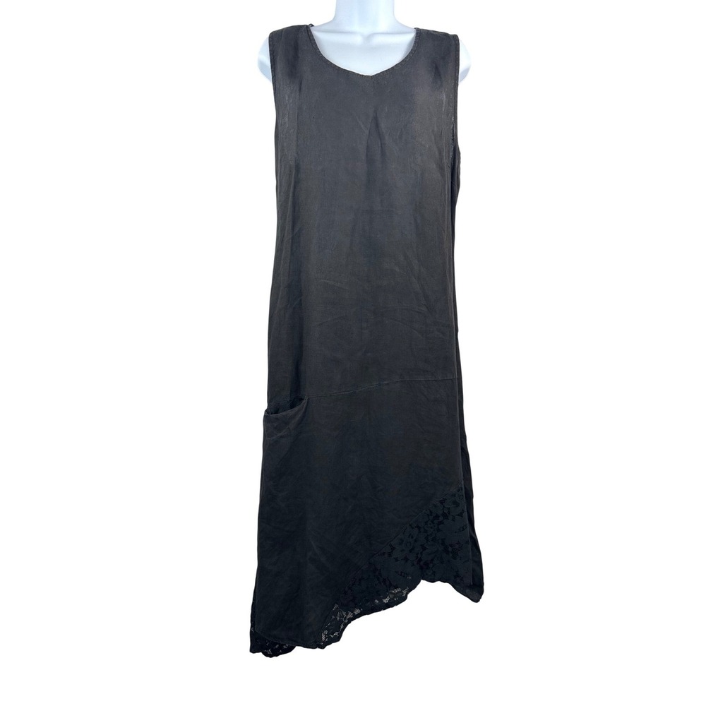Charlie Made in Italy lagen linen Dress sz L blk Linen Asymmetric‎ Lace artsy